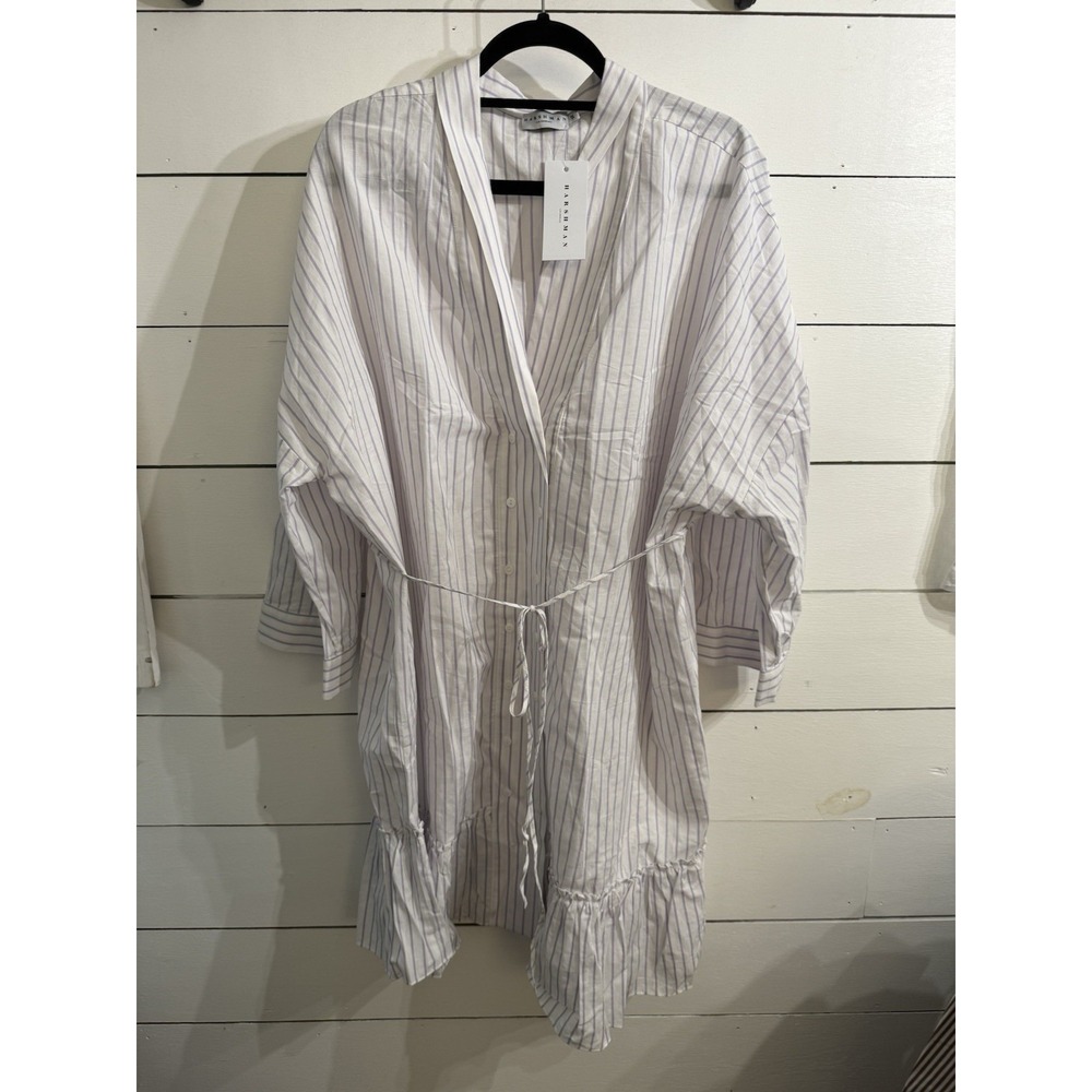 NWT Harshman Nebbi Caftan Size 1X White/Lavender Stripes Cotton/Linen Dress $239
